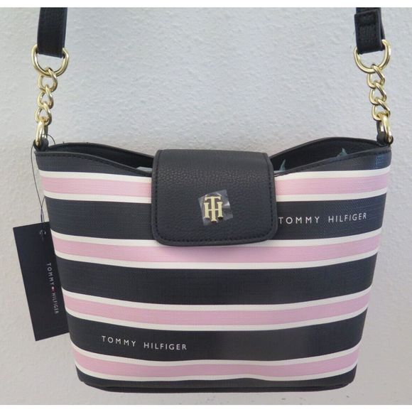 Tommy Hilfiger 69J5583 001 Pink/Black Striped PU Leather Crossbody Bag $108 - Picture 3 of 11